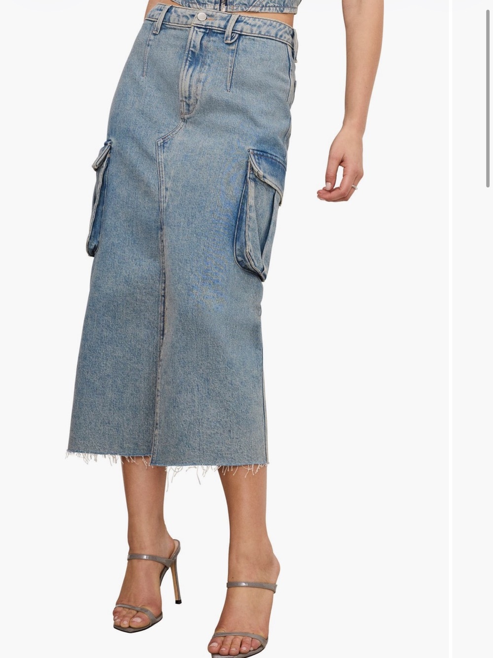 Good American Light Wash Denim Cargo Midi Skirt